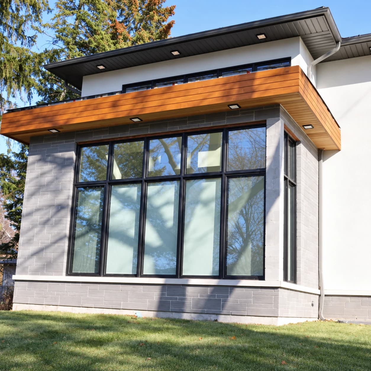 Large black-framed picture windows beneath a cedar canopy